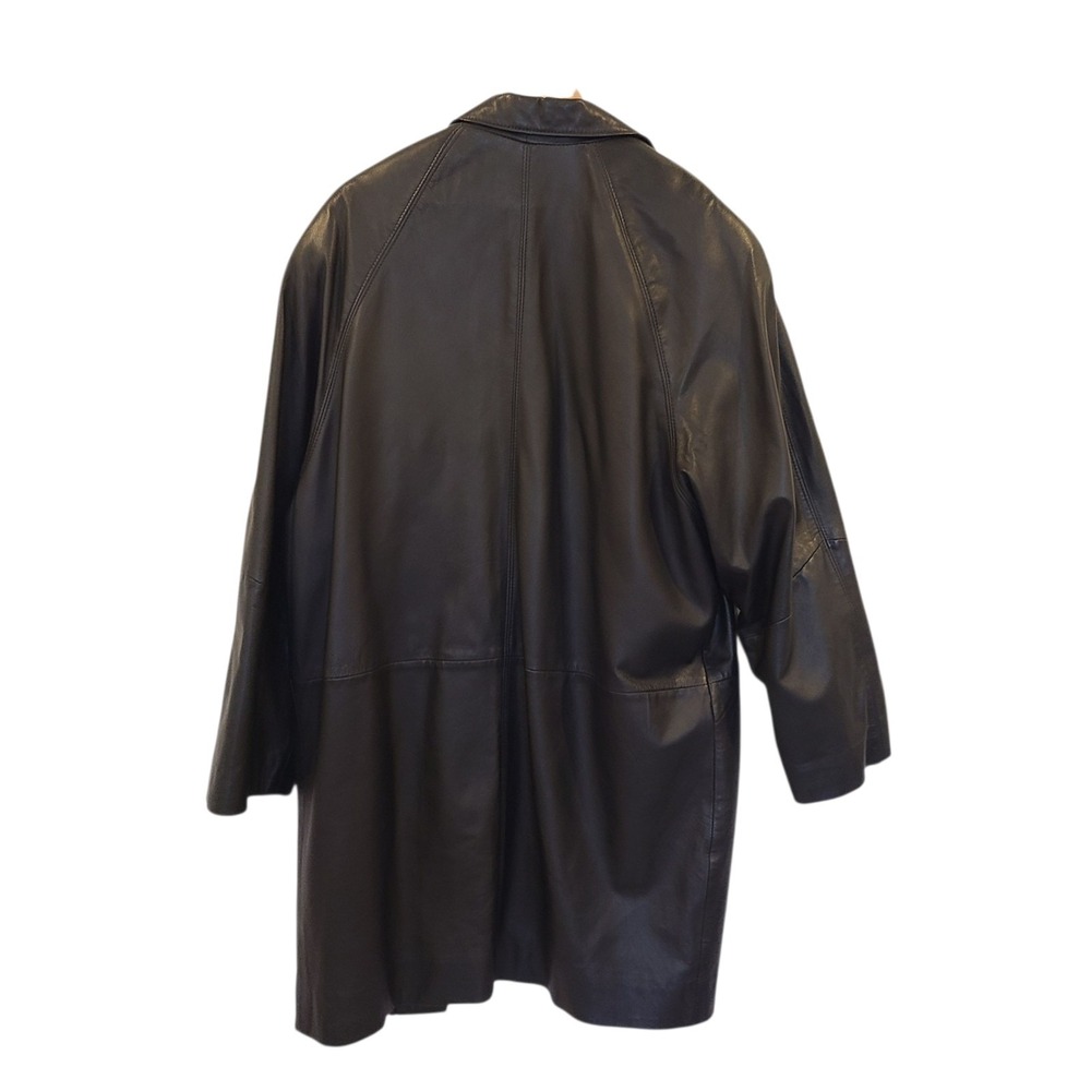Andrew Marc Black Leather Oversized‎ Open Front Lapel Trench Coat Long Large - Picture 3 of 8